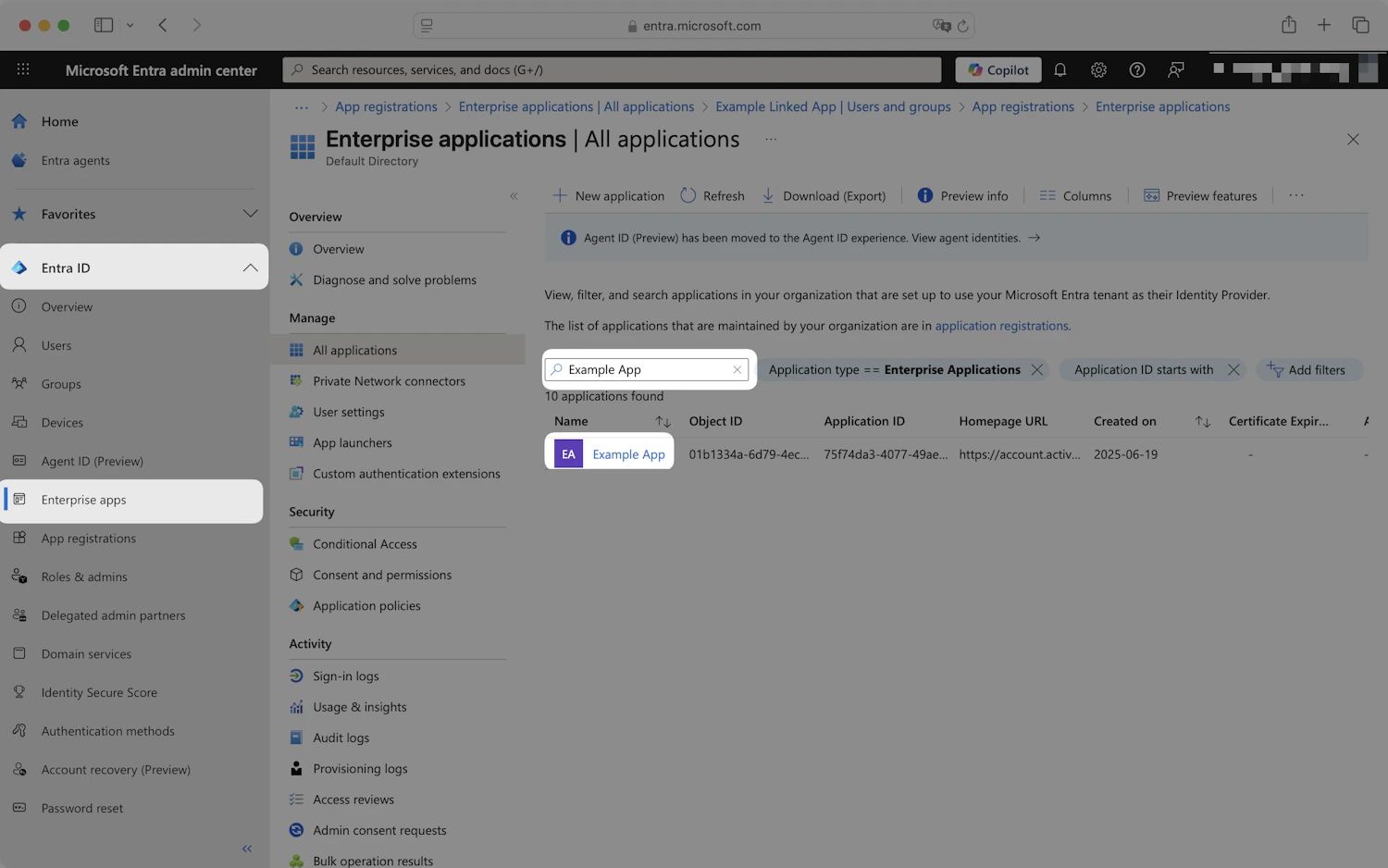 Entra Enterprise applications page with the search filter applied to locate the registered application