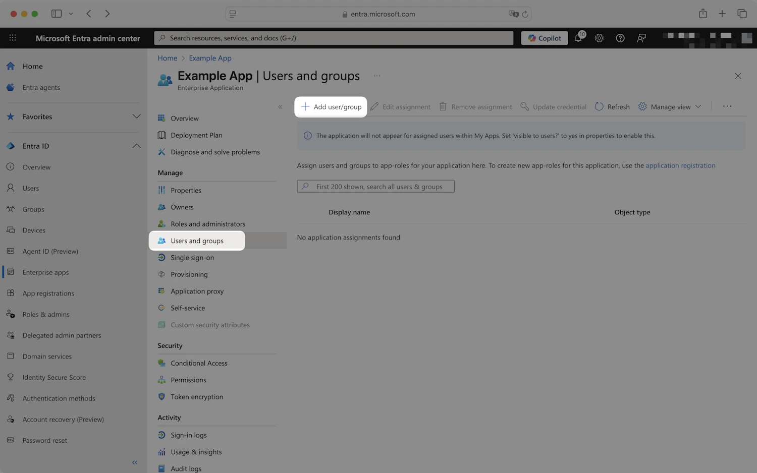 Entra enterprise application Users and groups page with the Add user/group button highlighted