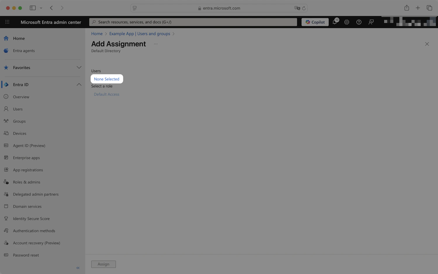 Entra Add Assignment page with the Users selector showing None Selected
