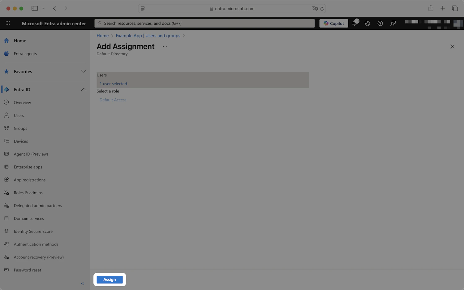 Entra Add Assignment page with 1 user selected and the Assign button highlighted