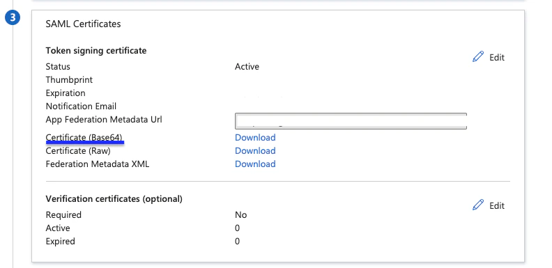 Entra SAML Certificates section with the Certificate Base64 download link