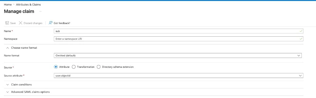 Entra Manage claim panel with Name set to sub and Source attribute set to user.objectid