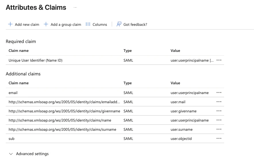 Entra Attributes and Claims page showing email and sub claims alongside the default SAML claims
