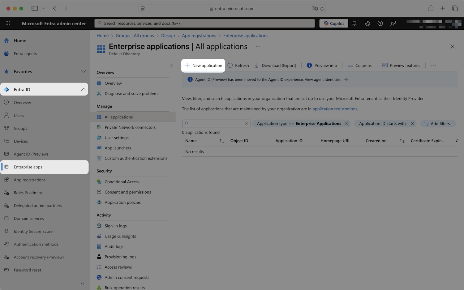 Microsoft Entra admin center showing the Enterprise applications page with the New application button highlighted