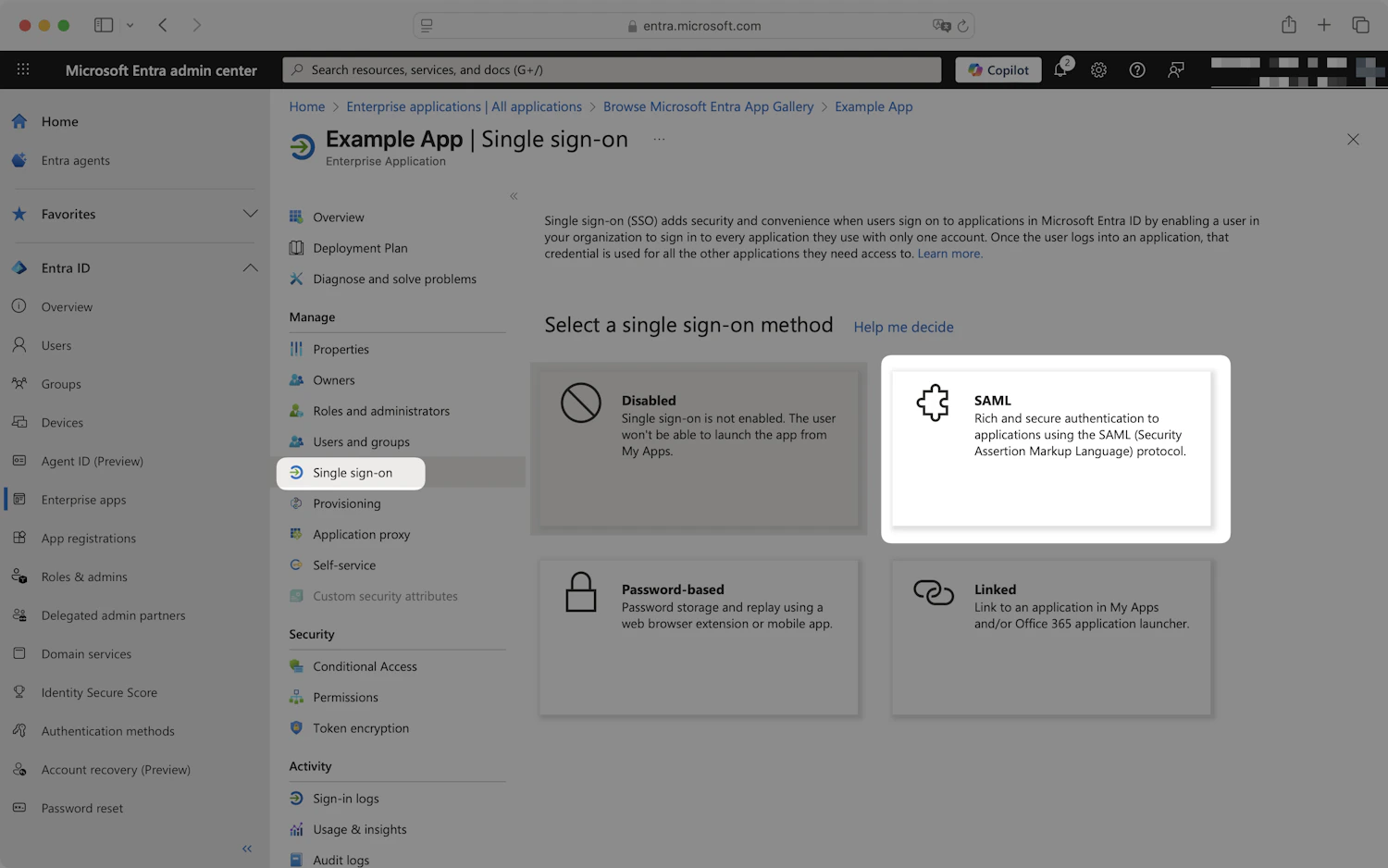 Select a single sign-on method screen in Entra with the SAML tile highlighted