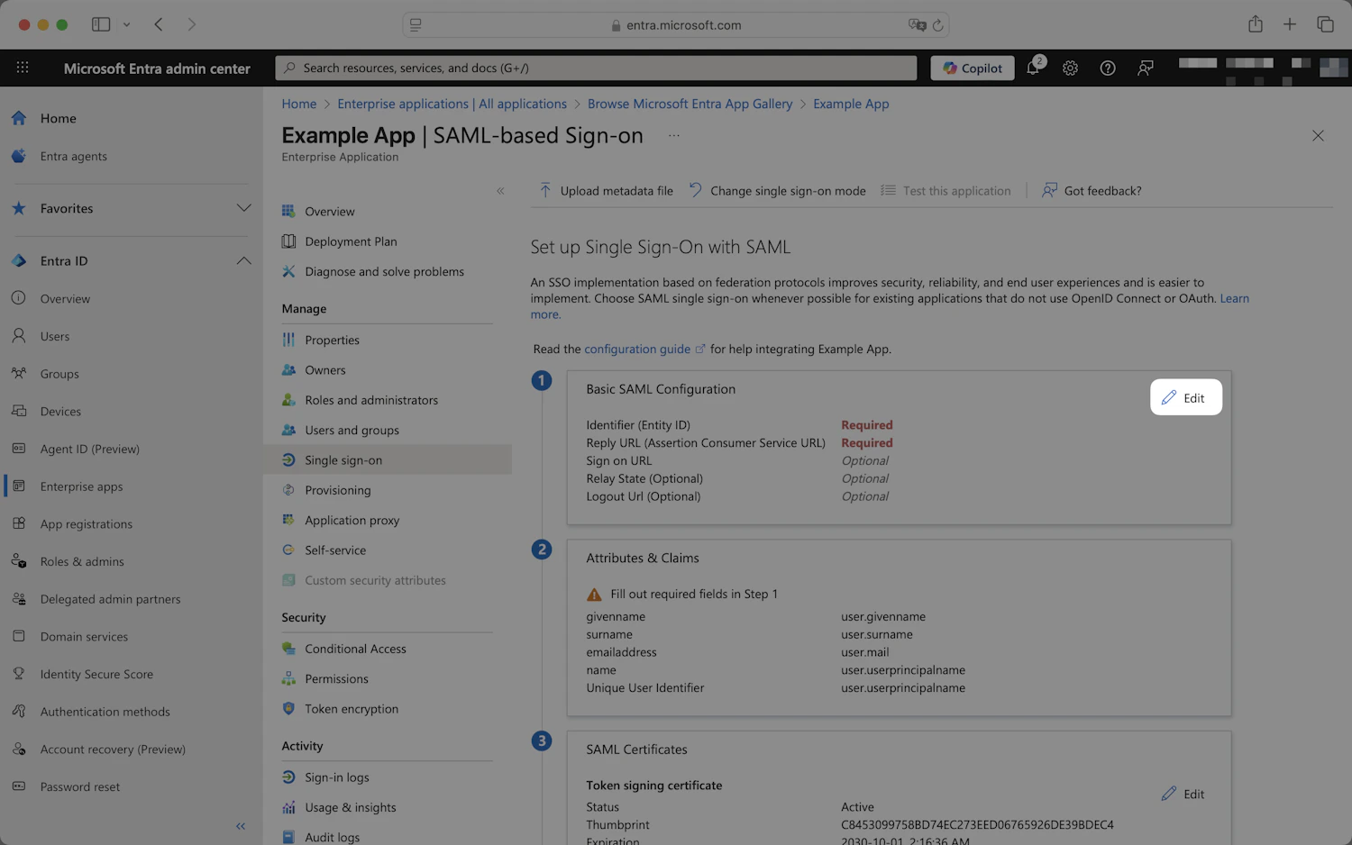 Entra Set up Single Sign-On with SAML page with the Basic SAML Configuration edit button highlighted