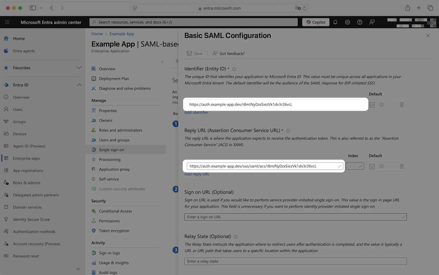 Entra Basic SAML Configuration panel showing the Identifier, Reply URL, and Relay State fields