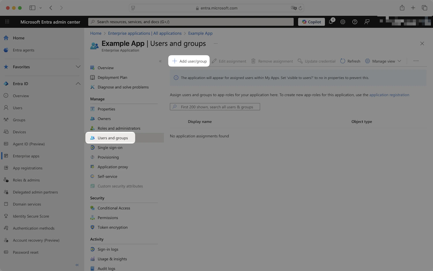 Entra application Users and groups page with the Add user/group button highlighted