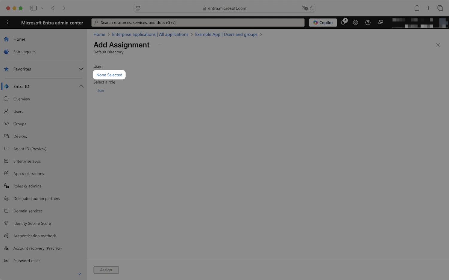 Entra Add Assignment page with the Users selector showing None Selected