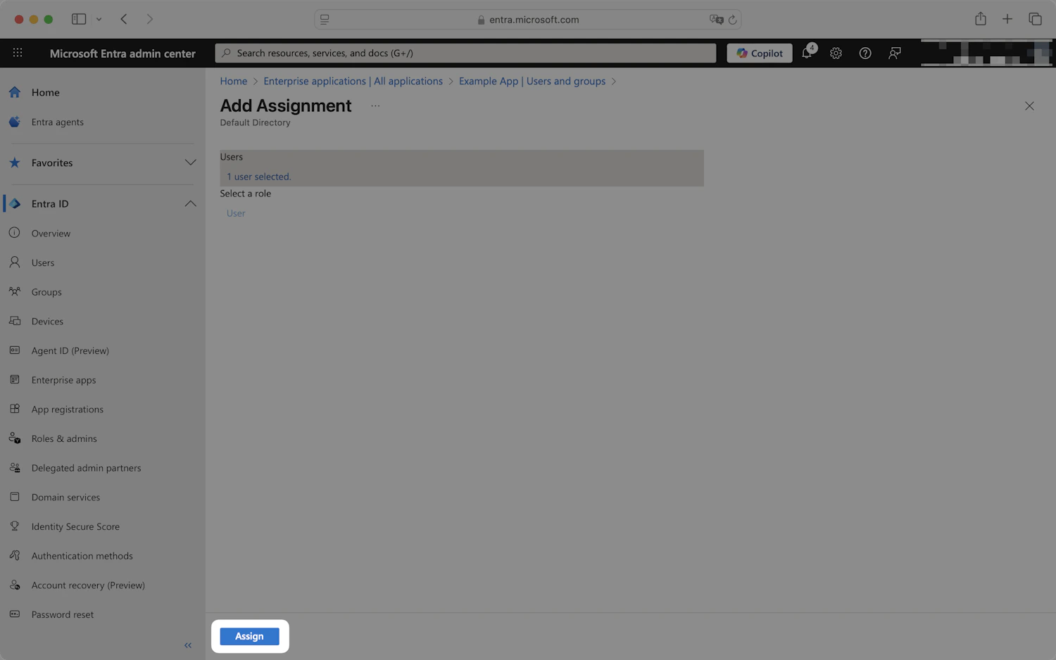Entra Add Assignment page with 1 user selected and the Assign button highlighted