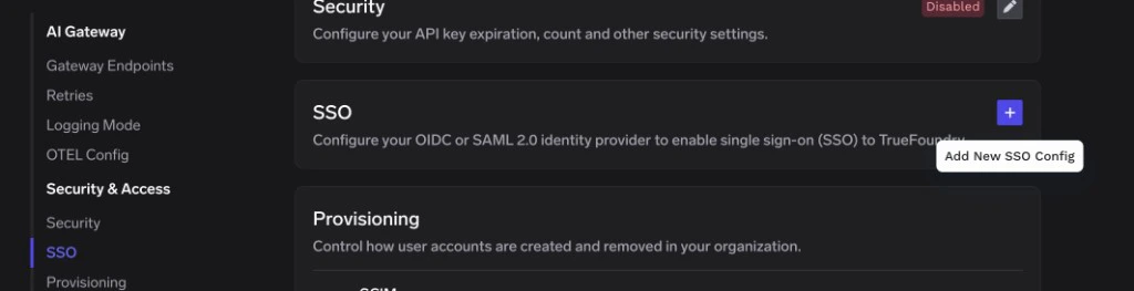 TrueFoundry SSO settings page with the Add New SSO Config plus button highlighted