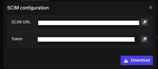 TrueFoundry SCIM configuration dialog showing SCIM URL and Token fields with copy buttons