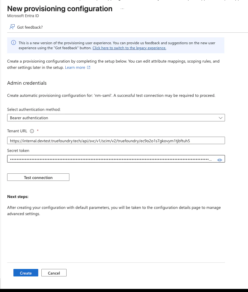 Entra New provisioning configuration page showing Bearer authentication, Tenant URL, Secret Token, Test connection, and Create buttons