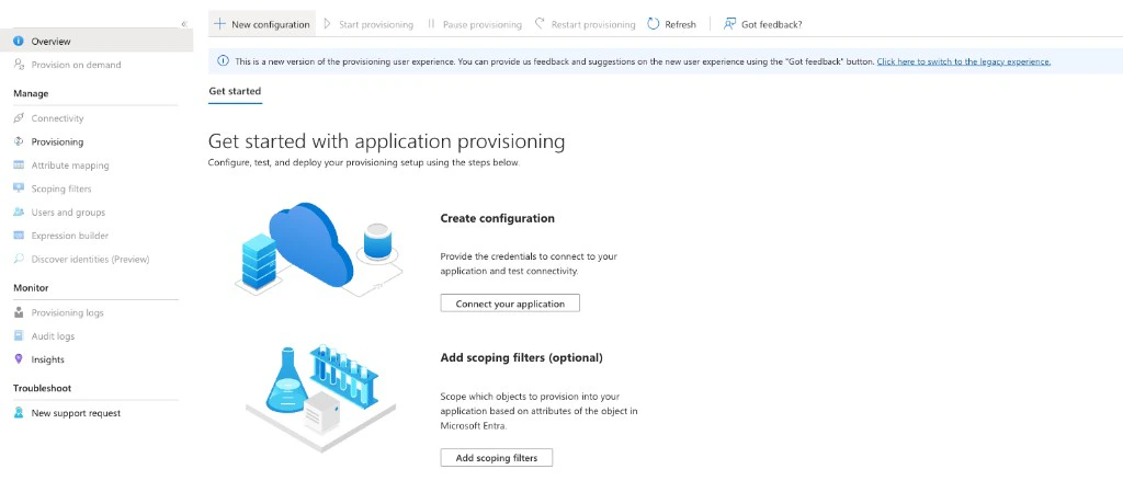 Entra application Provisioning page with the New configuration button highlighted in the toolbar