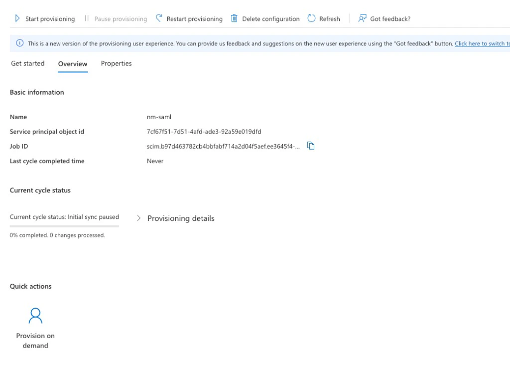 Entra provisioning configuration Overview tab showing Start provisioning in the toolbar and Provision on demand under Quick actions