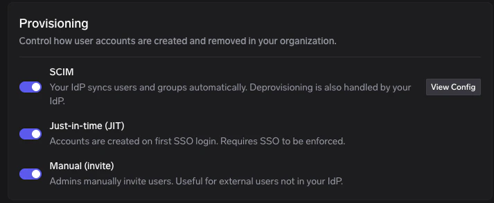 TrueFoundry Provisioning settings with the SCIM row and View Config button highlighted