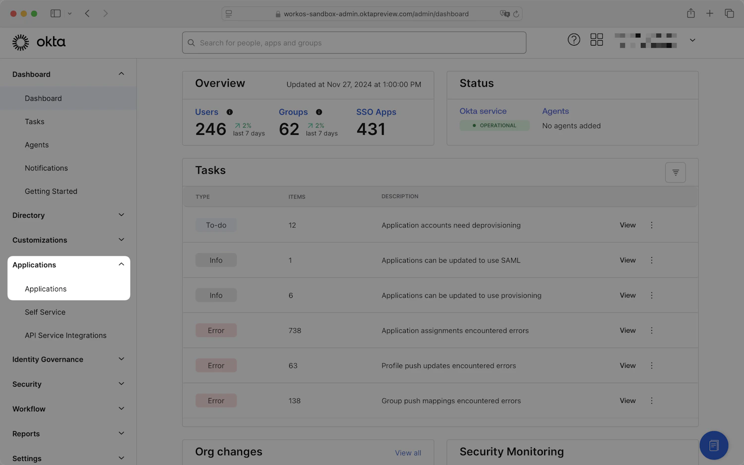 Okta admin console dashboard with the Applications section highlighted in the left navigation