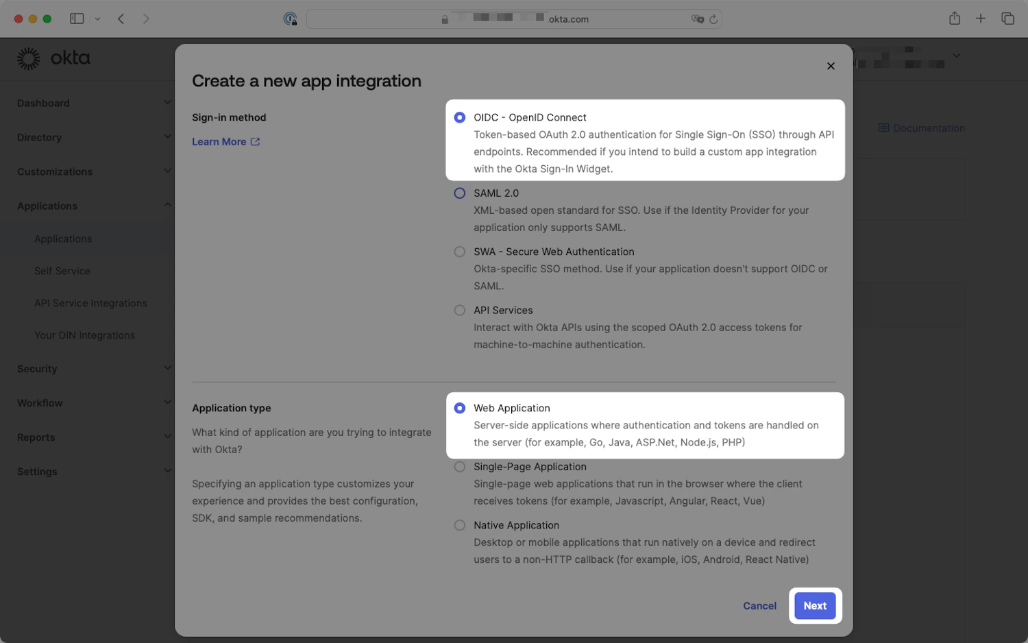 Okta Create a new app integration dialog with OIDC – OpenID Connect and Web Application selected