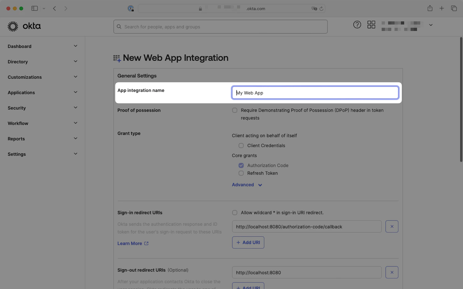 Okta New Web App Integration page with the App integration name field highlighted