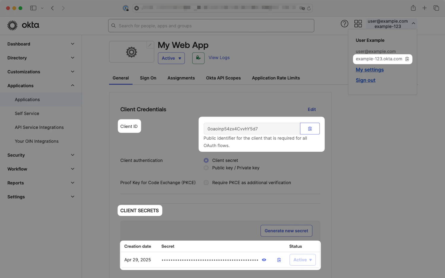 Okta OIDC application General tab showing the Client ID, Client Secrets section, and the Okta tenant domain in the user dropdown