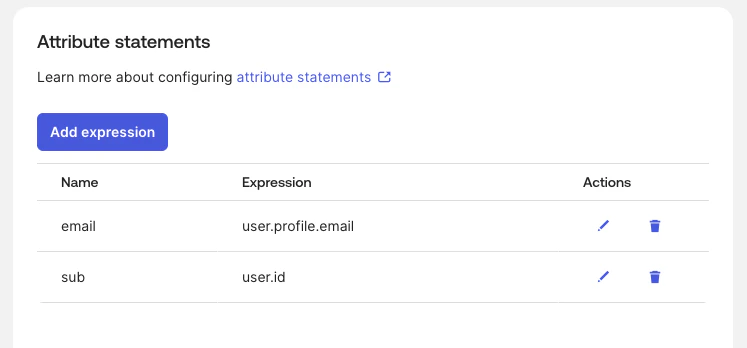 Okta Sign On tab Attribute statements section showing email mapped to user.profile.email and sub mapped to user.id