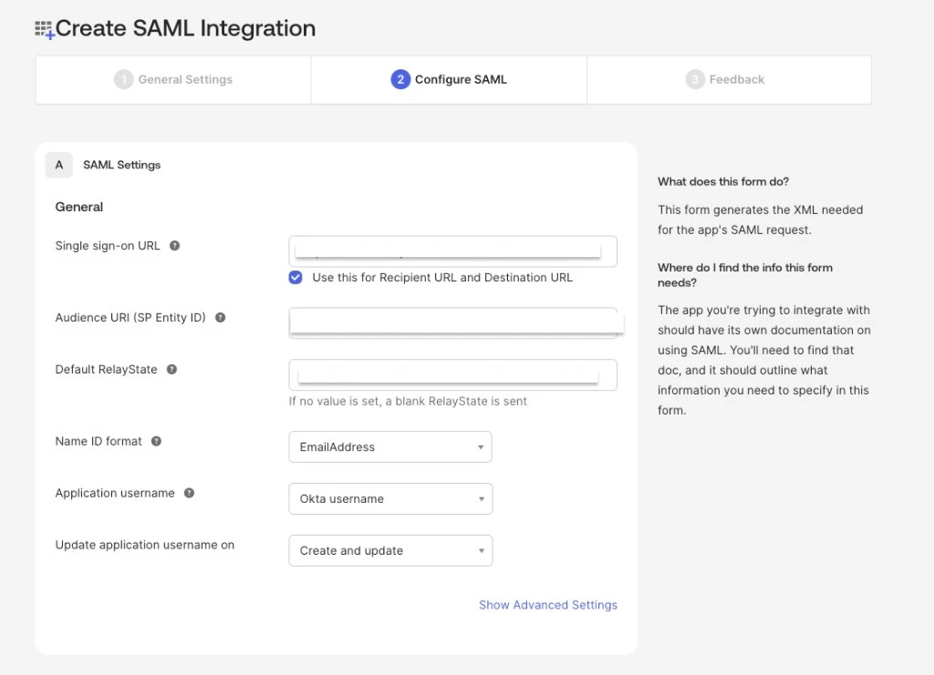Okta Configure SAML step showing Single sign-on URL, Audience URI, Default RelayState, and Name ID format set to EmailAddress