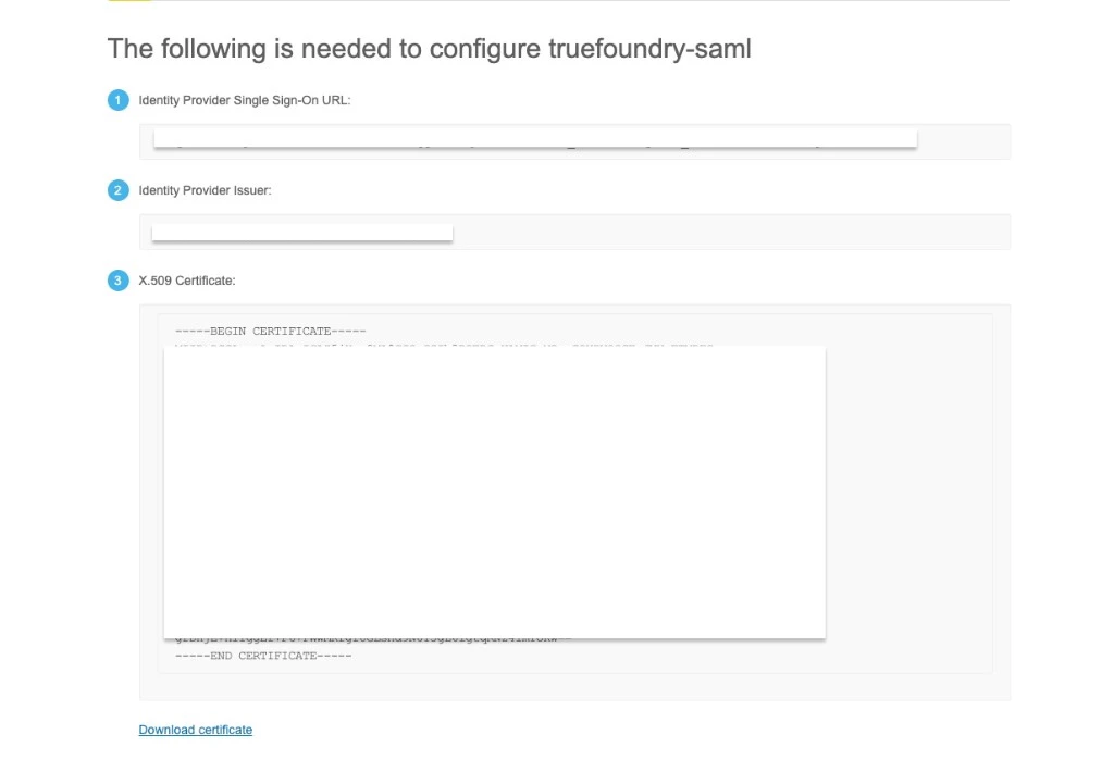 Okta View SAML setup instructions panel showing Identity Provider Single Sign-On URL, Identity Provider Issuer, and X.509 Certificate