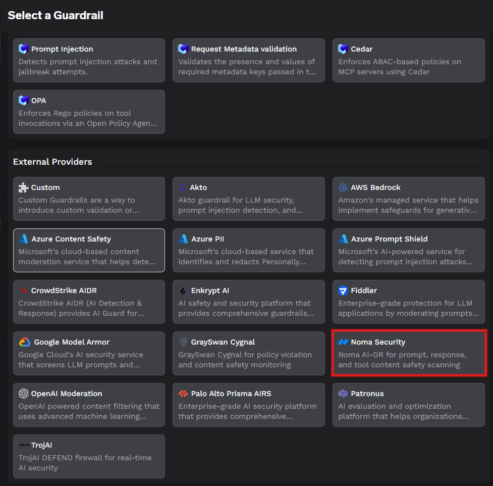 TrueFoundry guardrail registry highlighting the Noma Security card under External Providers