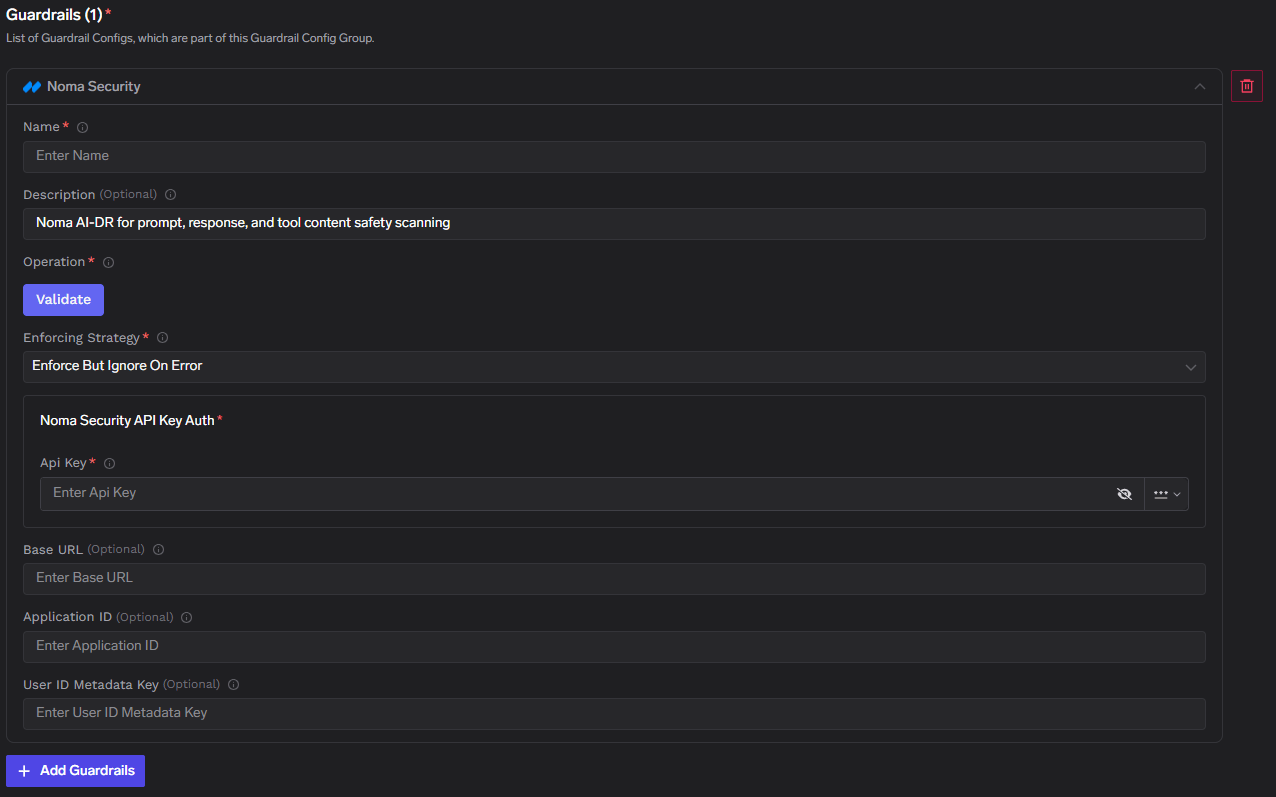 TrueFoundry interface for configuring Noma Security with fields for name, description, API key, operation, enforcing strategy, base URL, application ID, and user ID metadata key
