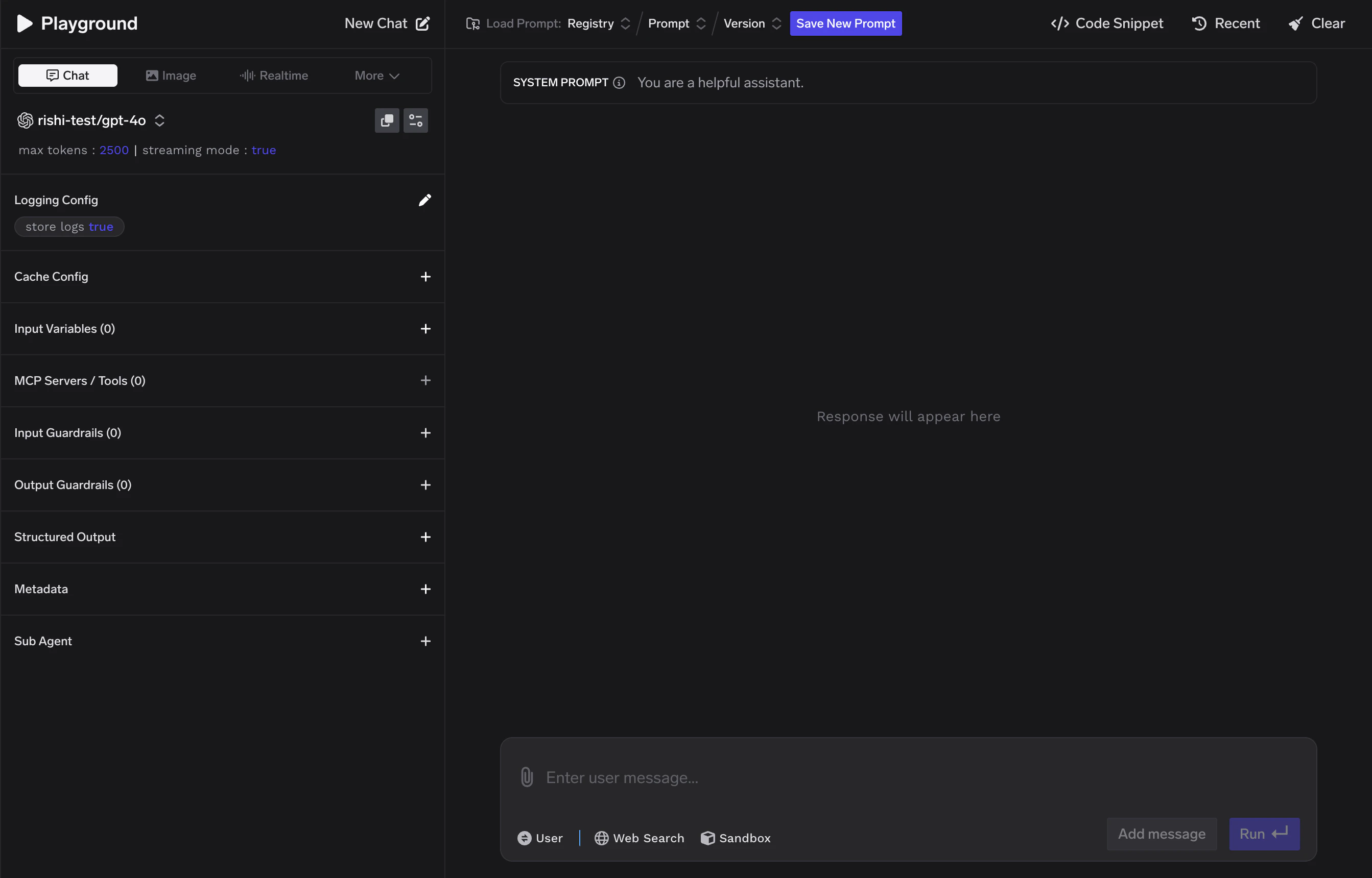 AI Gateway Playground Page for testing LLM models