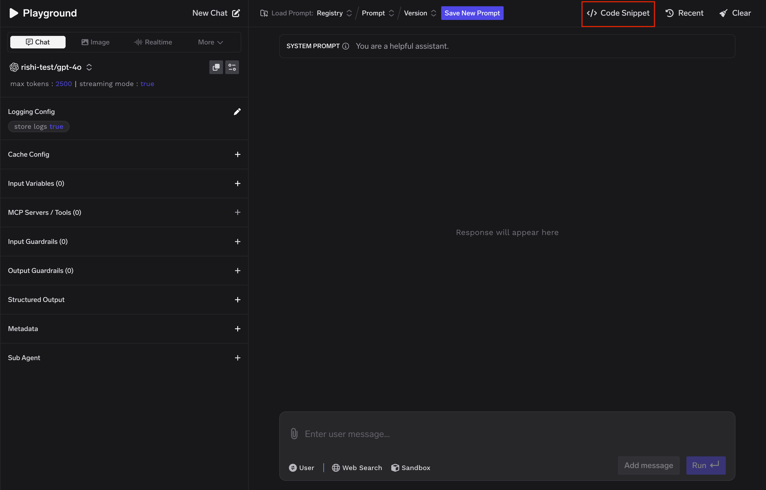 Gateway Code Snippets Page with code generation options