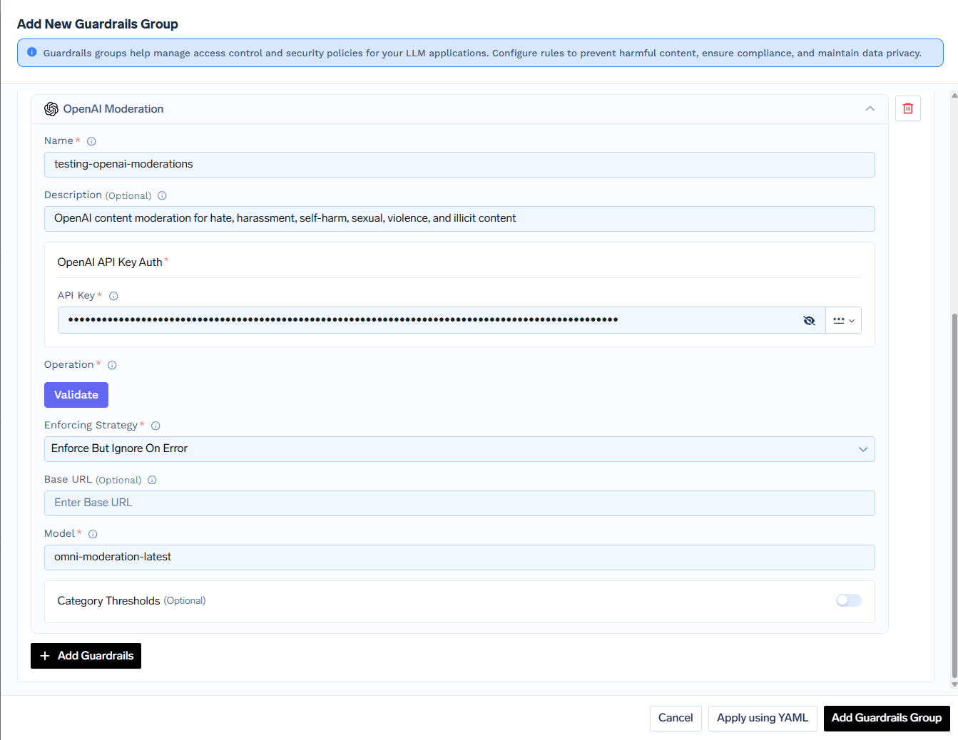 OpenAI Moderation configuration form with fields for name, API key, and operation type