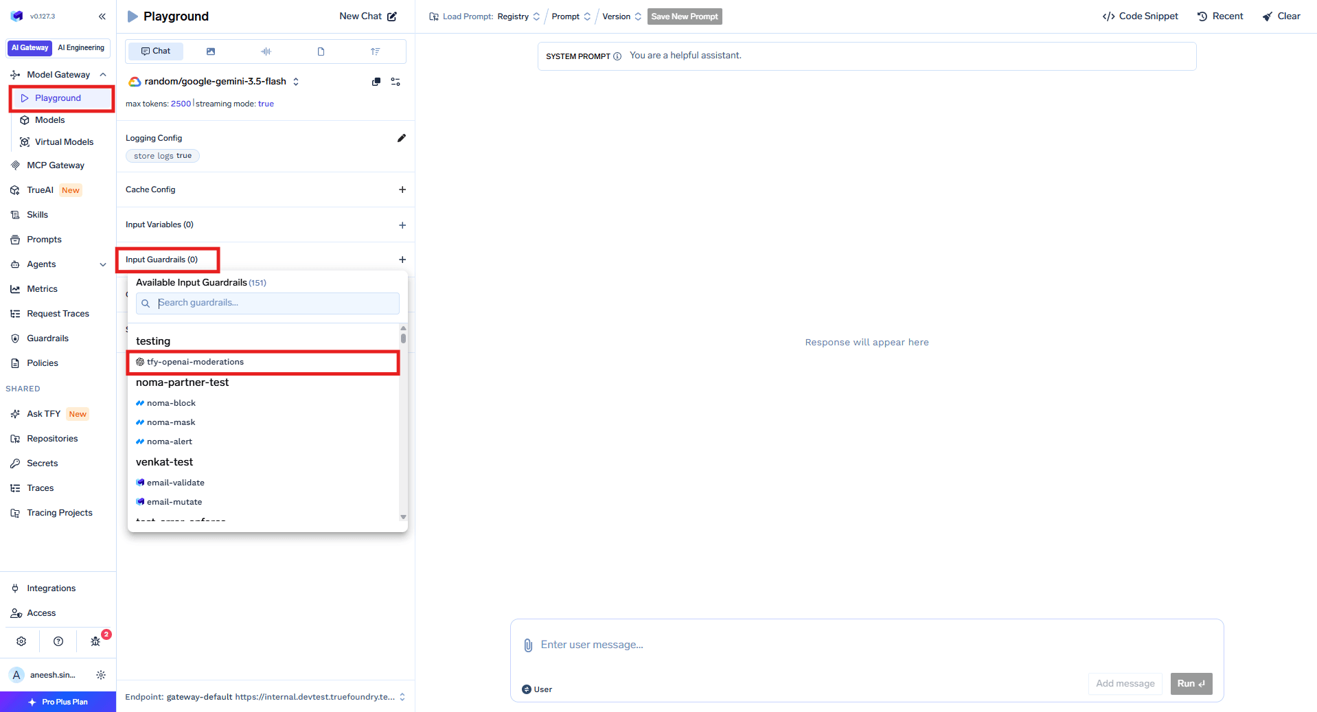 AI Gateway playground interface with guardrail selection panel on the left side