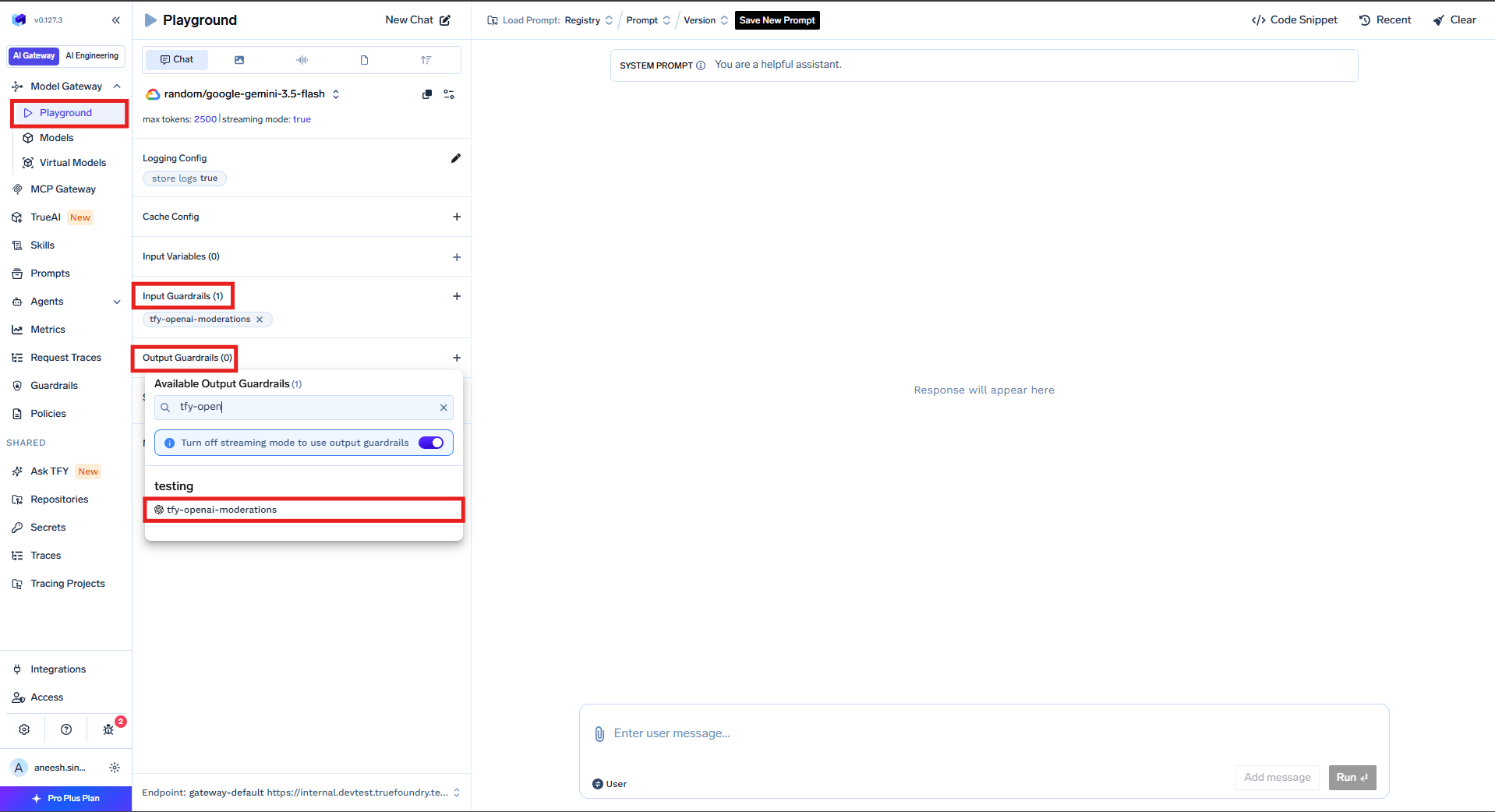 Guardrail selector in playground showing selected OpenAI moderation guardrail