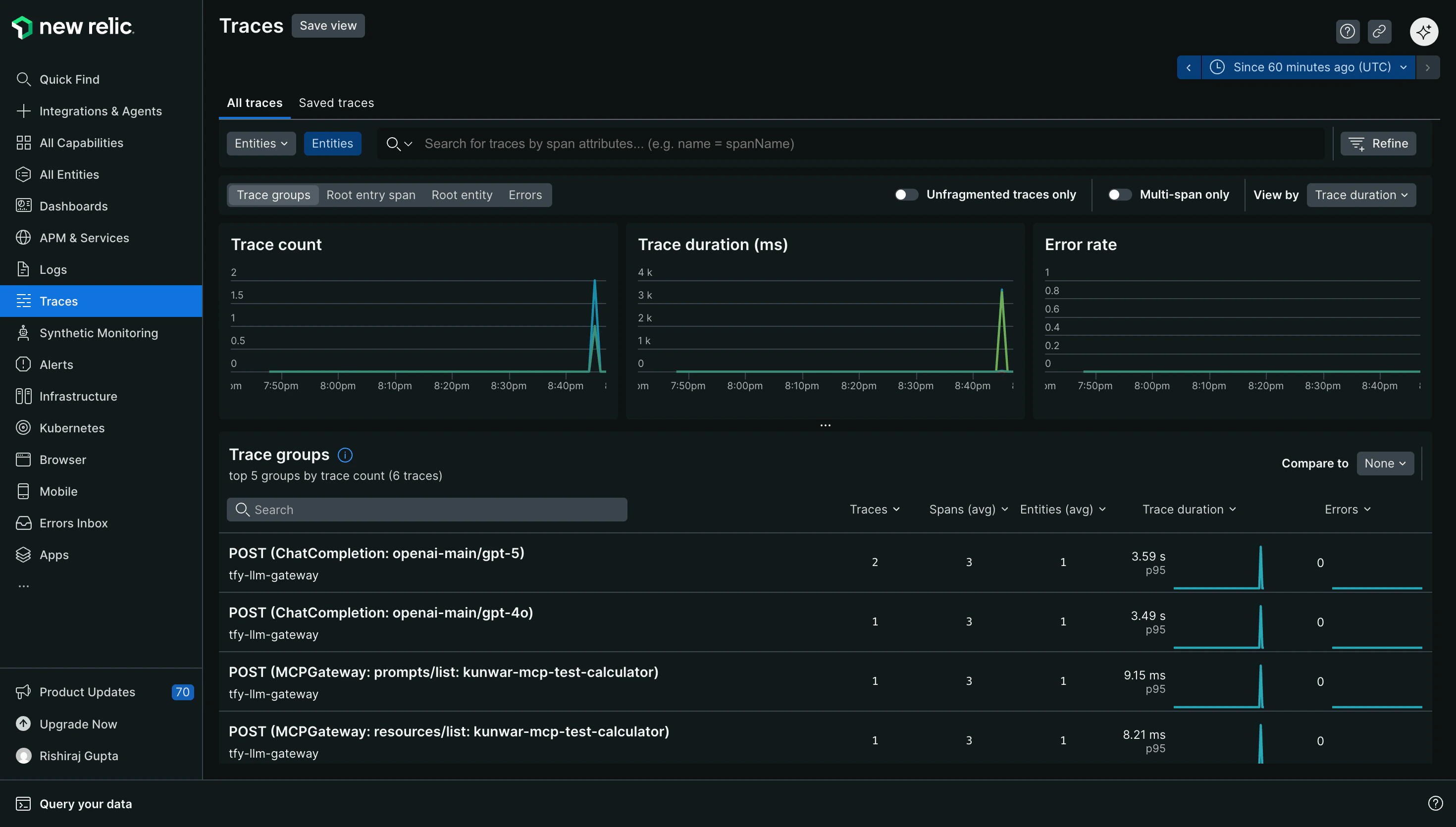 New Relic Traces dashboard displaying LLM Gateway traces with trace groups, duration metrics, and detailed trace list