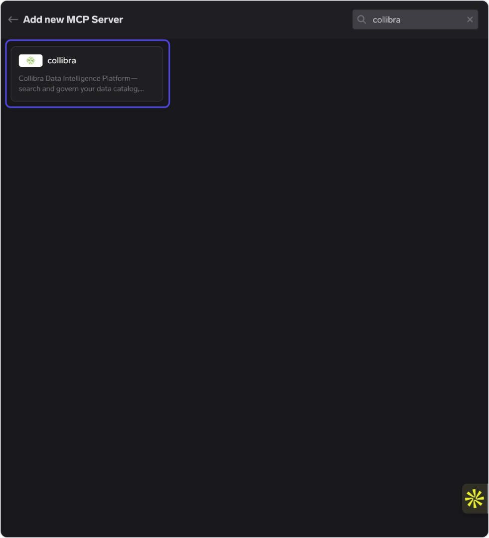 Official remote MCP catalogue search filtered to 'collibra' showing the collibra card