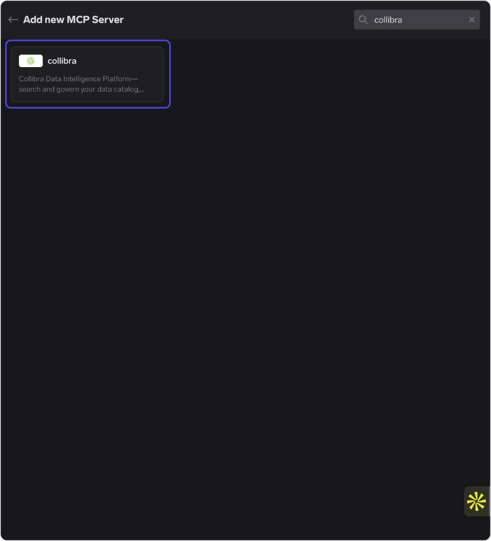 Official remote MCP catalogue search filtered to 'collibra' showing the collibra card