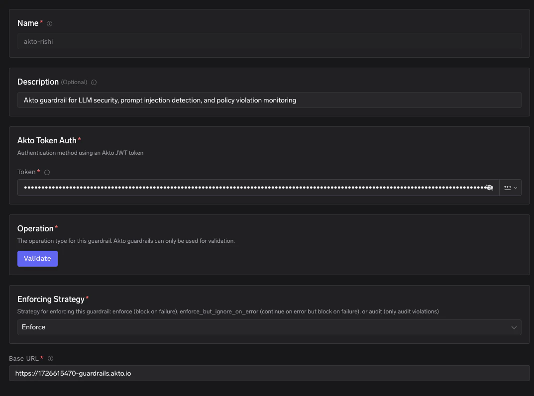 TrueFoundry interface for configuring Akto with fields for name, description, token authentication, operation, enforcing strategy, and base URL