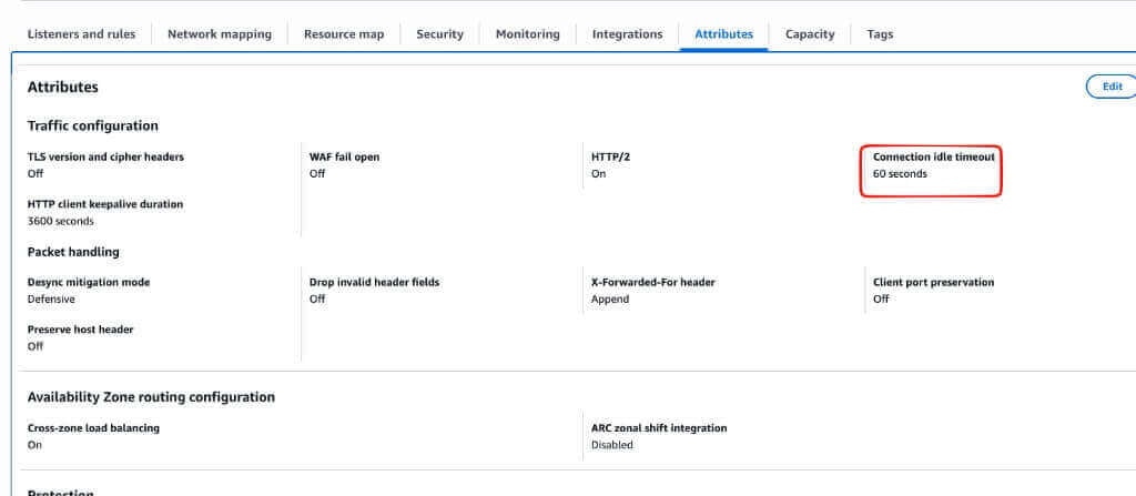 AWS ALB Connection idle timeout setting