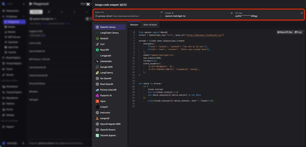 Playground header showing Base URL, Model ID, and API Key fields