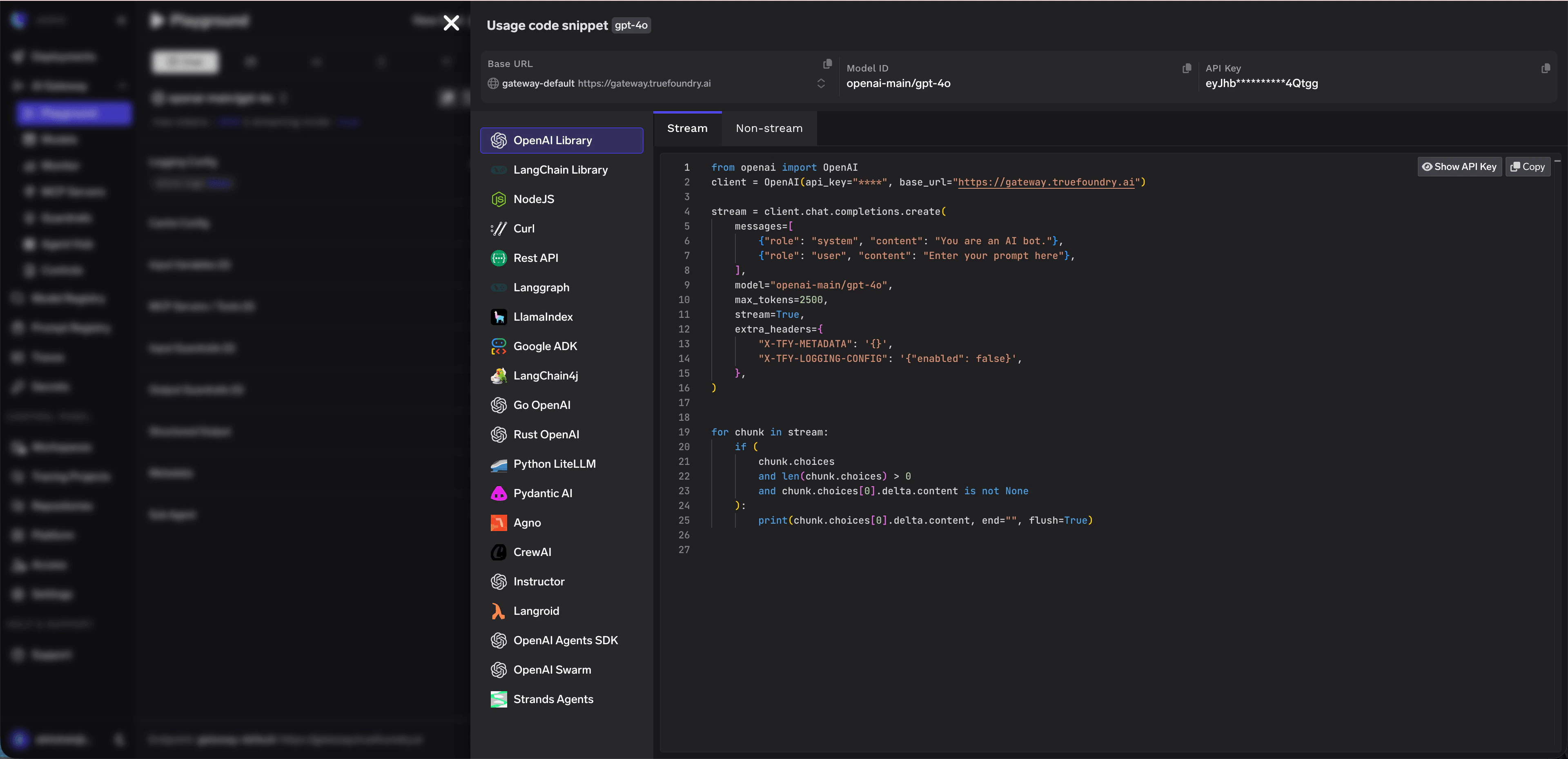 Code snippet generation interface with language options