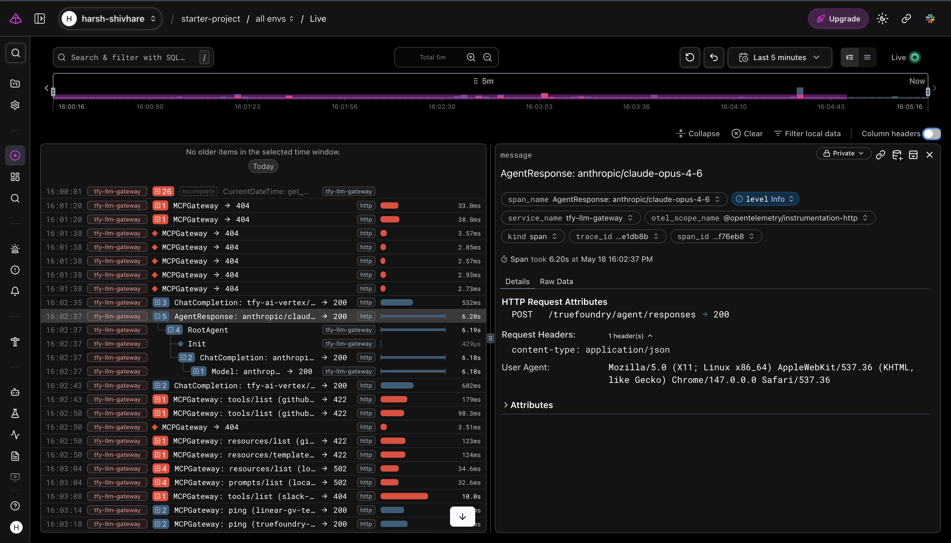 Pydantic Logfire Live view showing LLM call traces from TrueFoundry AI Gateway