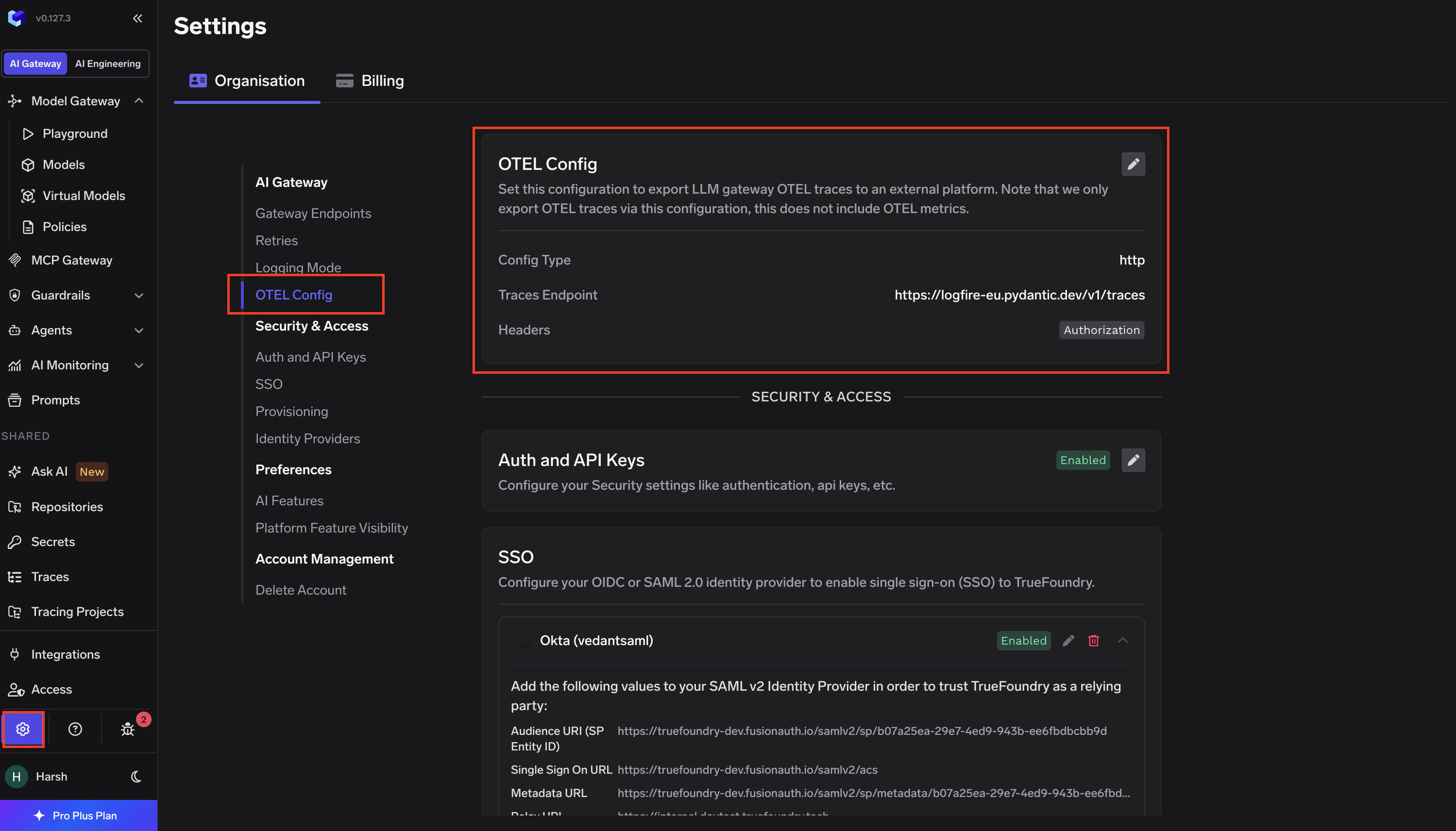 TrueFoundry AI Gateway Settings page showing the OTEL Config section