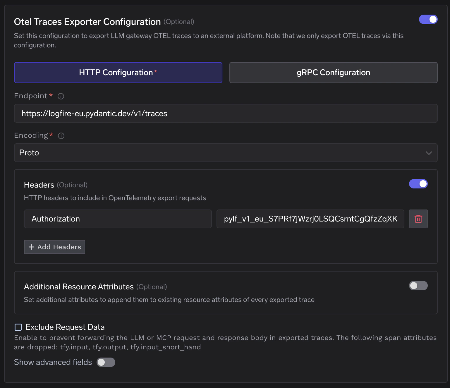 TrueFoundry OTEL Traces Exporter Configuration showing Logfire endpoint and Authorization header