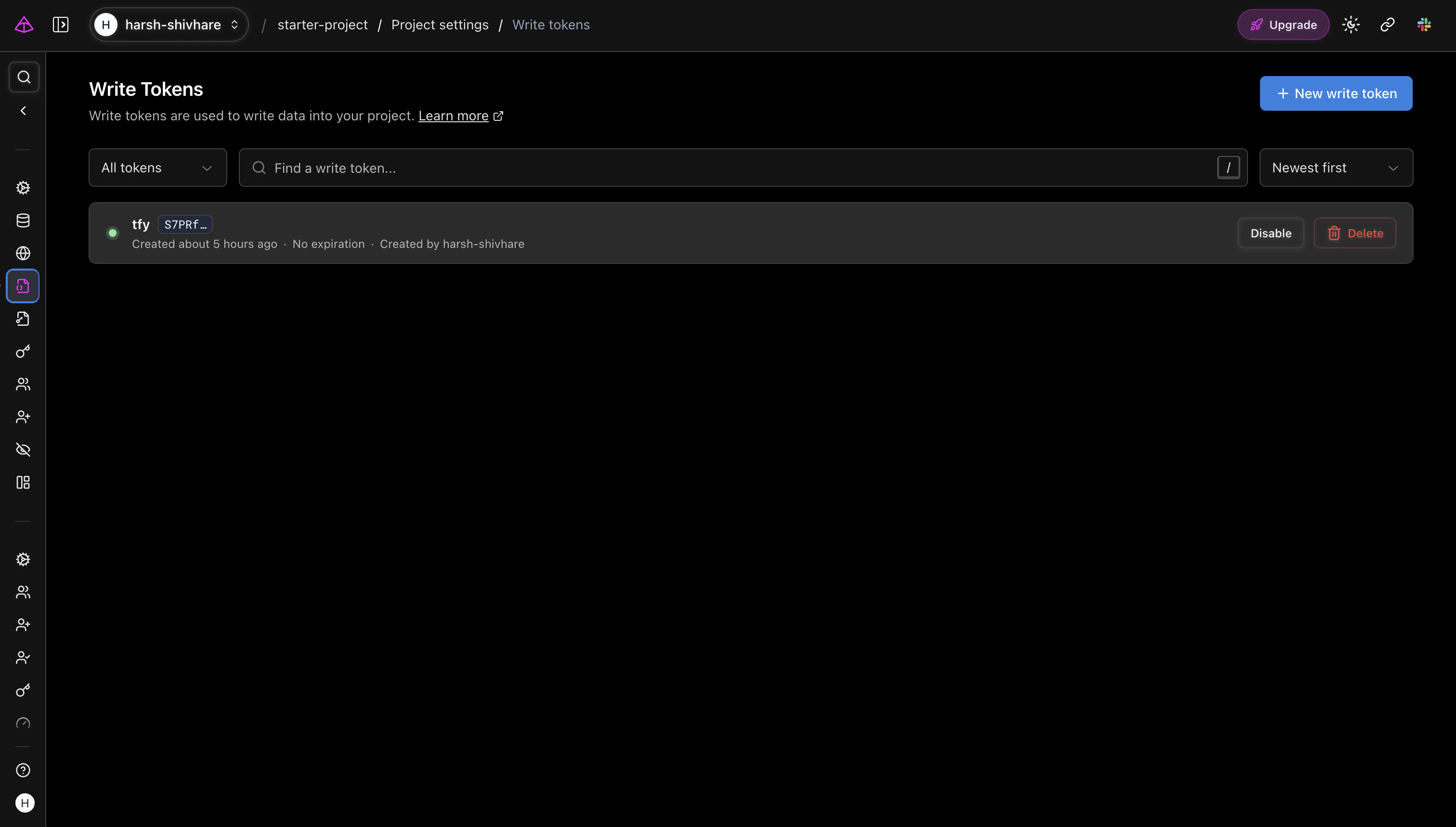 Pydantic Logfire Project Settings page showing the Write Tokens section