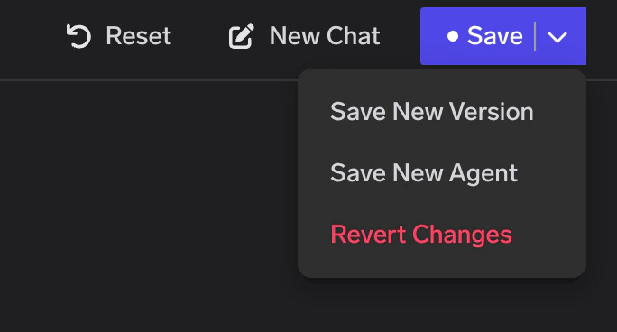 Save dropdown with Save New Version and Save New Agent options