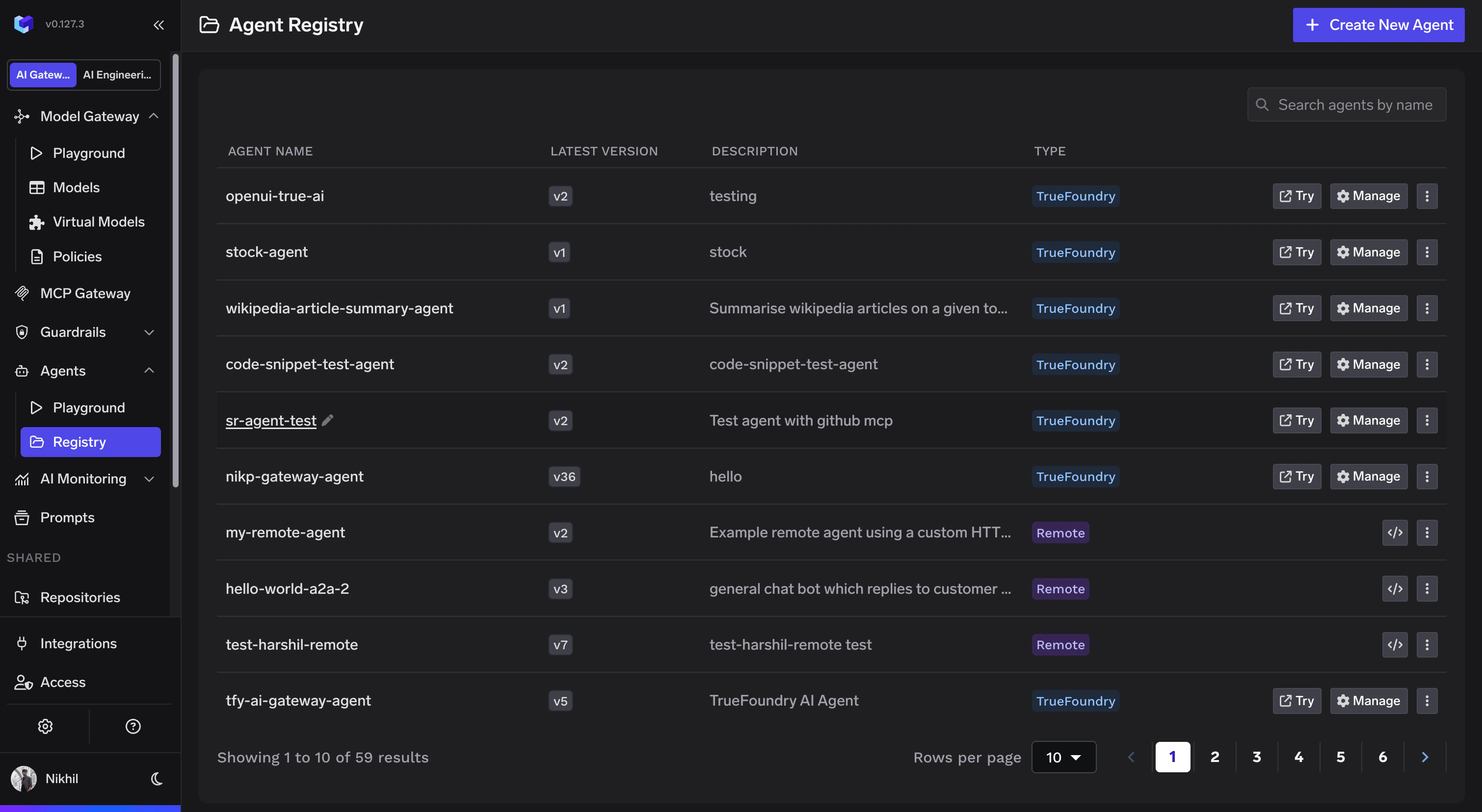 Agent Registry page listing all registered agents
