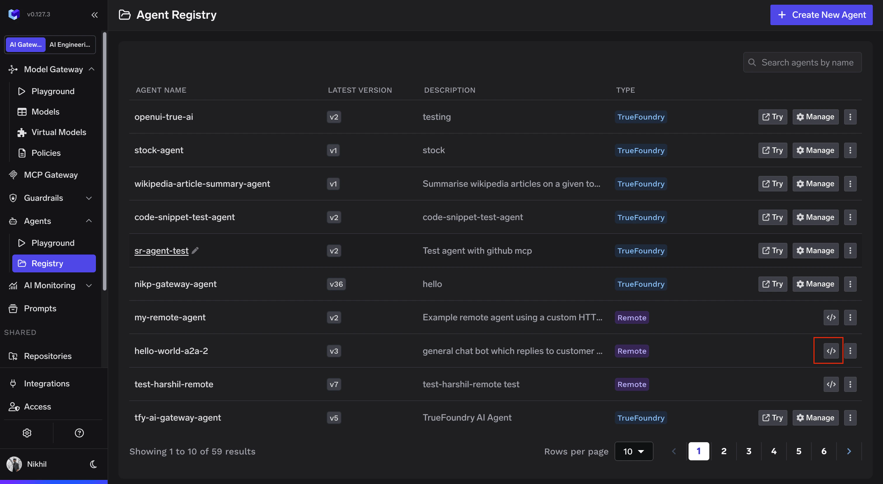 Agent Registry with code snippet button highlighted on a Remote agent