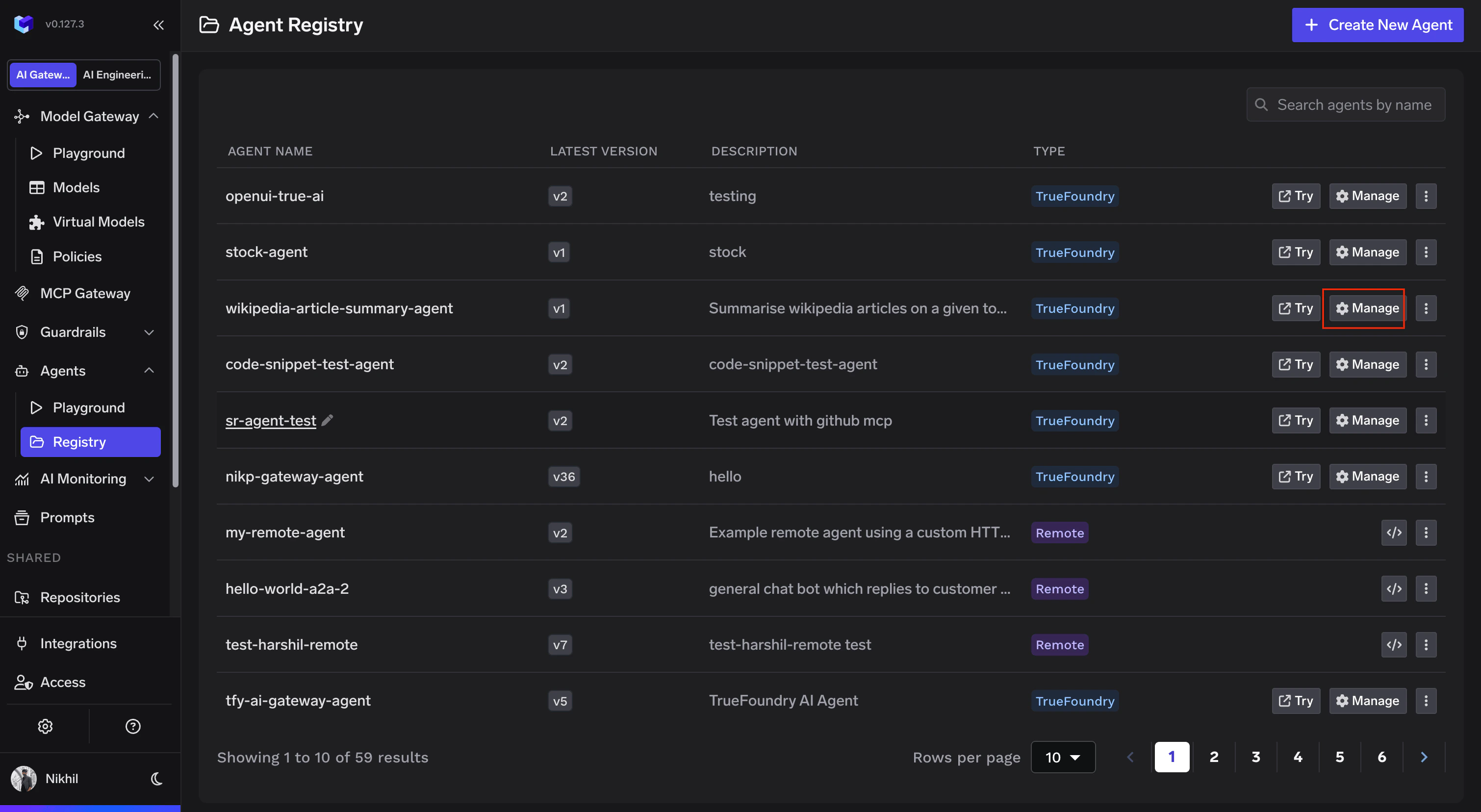 Agent Registry with Manage button highlighted on a TrueFoundry agent