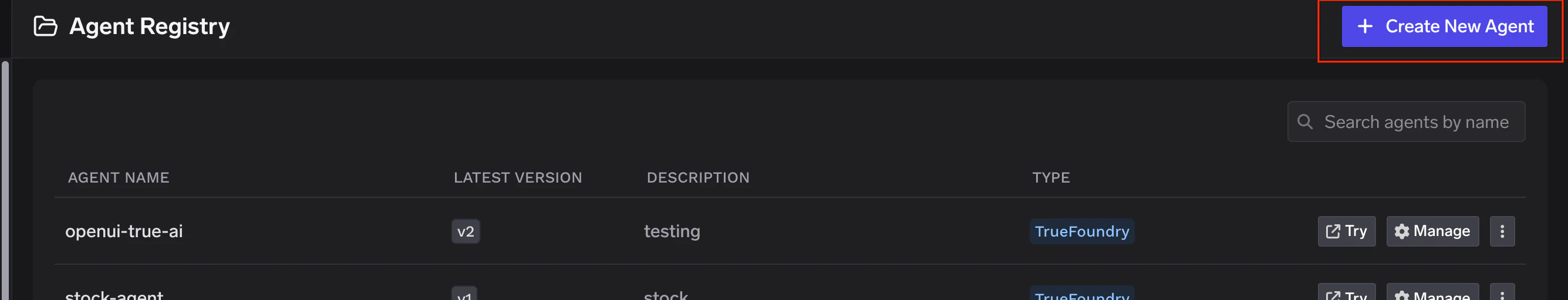 Create New Agent button on the Agent Registry page